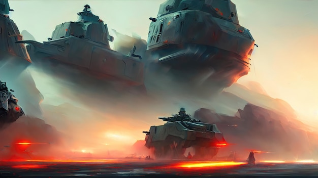 War of the future the battlefield Soldiers and equipment are fighting tanks and combat vehicles are firing Explosions and sparks 3d illustration