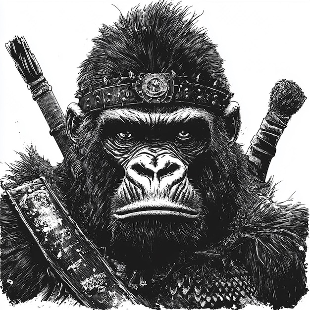 Photo war gorilla warrior for a fantasy world black and white with white background