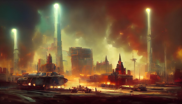 War near the futuristic City Digital Art Illustration Painting