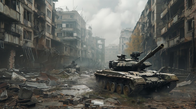 A war scene with a tank in the middle of a destroyed city Scene is bleak and somber as the destruc