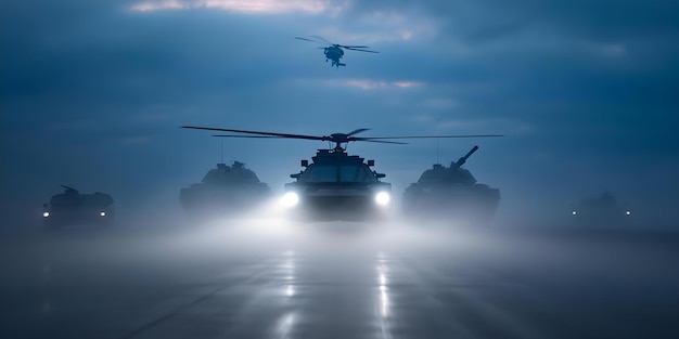 War scene with tanks armored vehicles and helicopters in foggy sky Concept Military Vehicles War Photography Foggy Sky Armored Tanks Helicopters