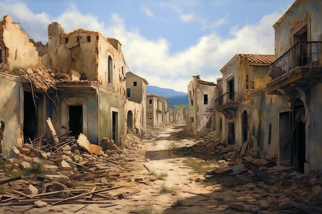 War torn village with destroyed old houses artwork related to Ukraine and Russia