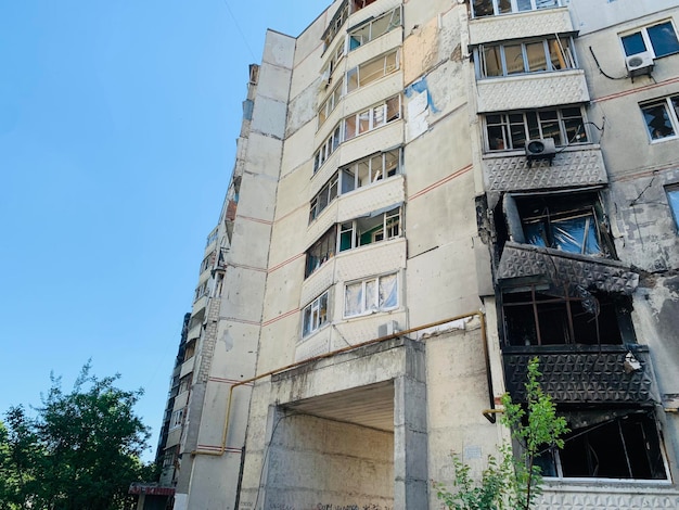 War in Ukraine Kharkiv buildings entrances and houses destroyed by missiles and shells