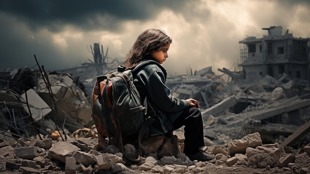 War victim kids passing lonely time in front of their destroyed house A kid lonely in the destroyed