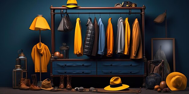 a wardrobe full of with hats bags and boots in various colors 3d rendering flat design kolor