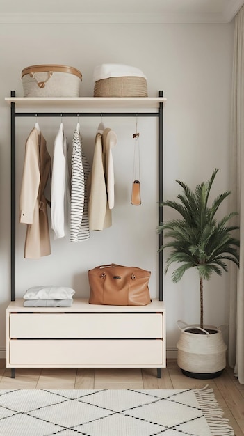 Photo wardrobe with basic clothes in room scandi interior neutral colors white black beige