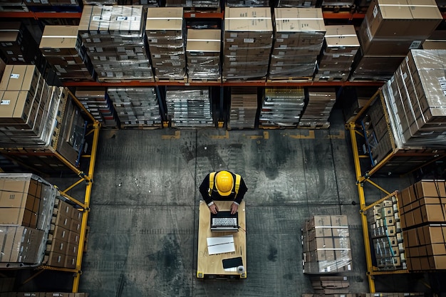 Photo warehouse aerial view with worker moving boxes on forklift in a large storage facility