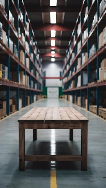 warehouse background wooden empty table and blurred storage shelfs