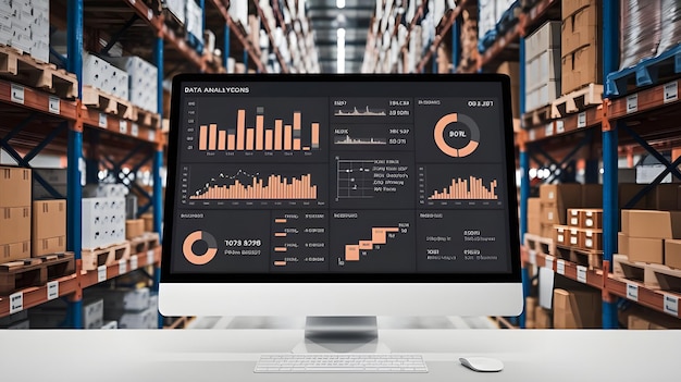 Warehouse Data Analytics with Computer Monitor and Charts