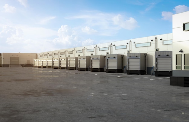 Warehouse exterior with shutter doors and truck parking lots