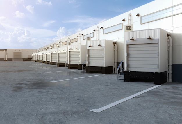 Warehouse exterior with shutter doors and truck parking lots