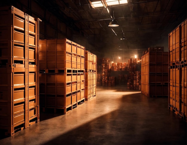 Warehouse in factory Close up rows of plastic containers for packaging and storage stand in an old room at manufacturing plant Production banner concept High quality photo Copy ad text space