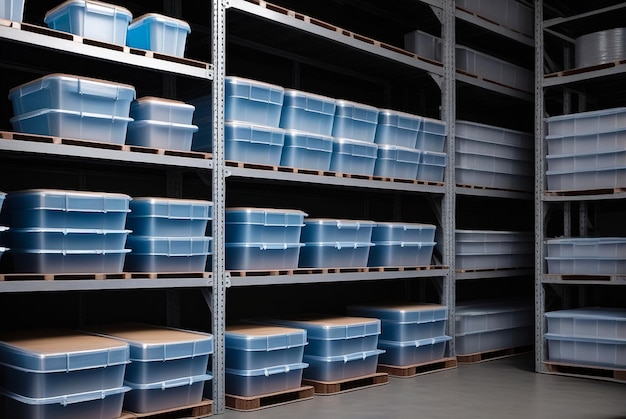 Warehouse in factory Close up rows of plastic containers for packaging and storage stand in an old room at manufacturing plant Production banner concept High quality photo Copy ad text space