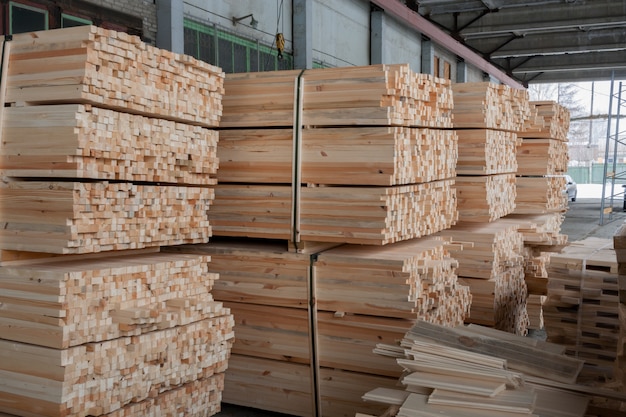 Warehouse: fastened sawn rectangular wooden pine sticks