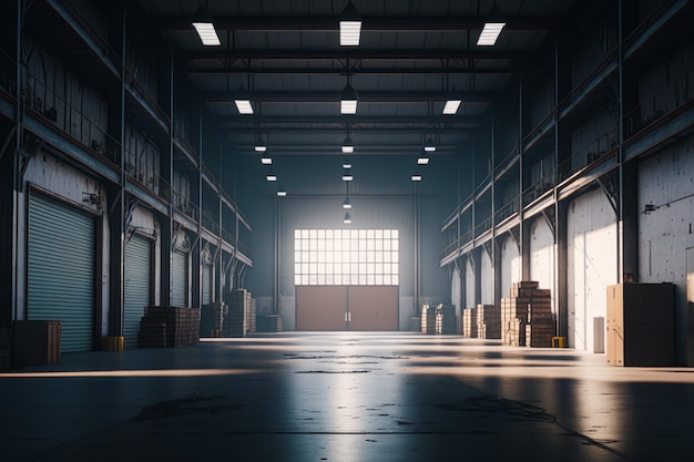 Warehouse filled with lots of boxes and large window in the middle of the room Generative AI