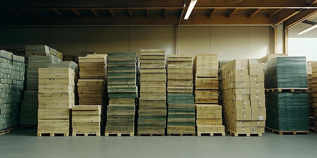 Warehouse filled with stacked pallets