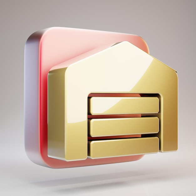 Warehouse icon. Golden Warehouse symbol on red matte gold plate. 3D rendered Social Media Icon.