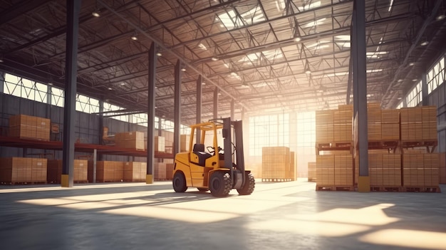 Warehouse industrial building interior with people and forklifts handling goods in storage area