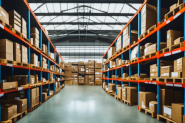 A warehouse interior with a blurred background large and modern storehouse with some goods on the floor The metal structure and the light create a contrast in the scene