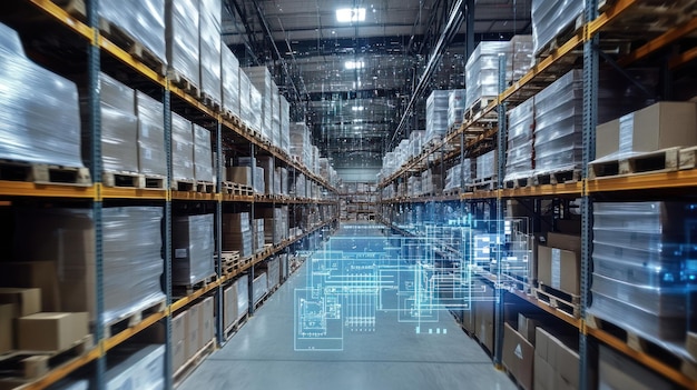 Warehouse Interior with Digital Overlay Illustrating Automated Processes