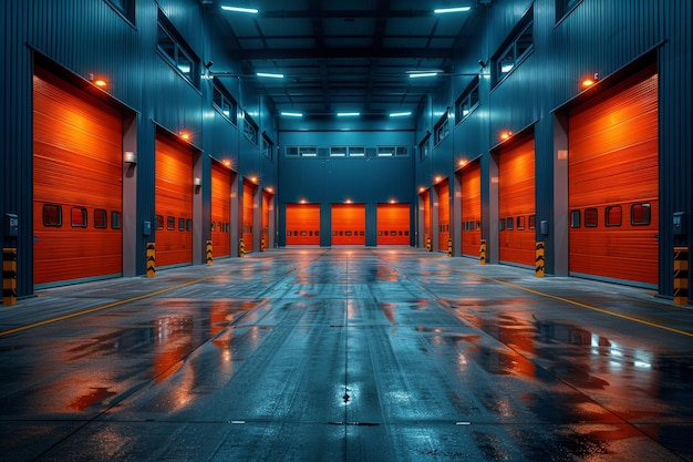 Warehouse interior with loading boxes personal storage room and orange gate in company premises