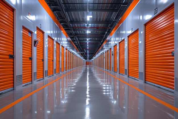 Warehouse interior with orange gate storage boxes and corridors for personal storage rental