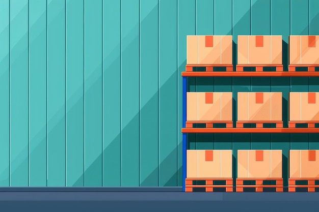 warehouse interior with pallet racks and cardboard boxes against teal wall with sunlight illustration