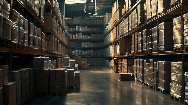 Warehouse Interior With Pallets Of Cardboard Boxes Realistic Image