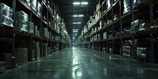 Warehouse Interior with Rows of Shelves Boxes and a Reflective Floor Realistic Image