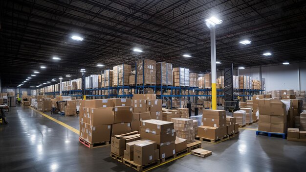 Warehouse interior with shelves pallets boxes loader