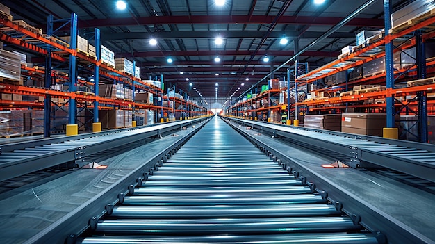 Warehouse interior with shelves pallets boxes loader