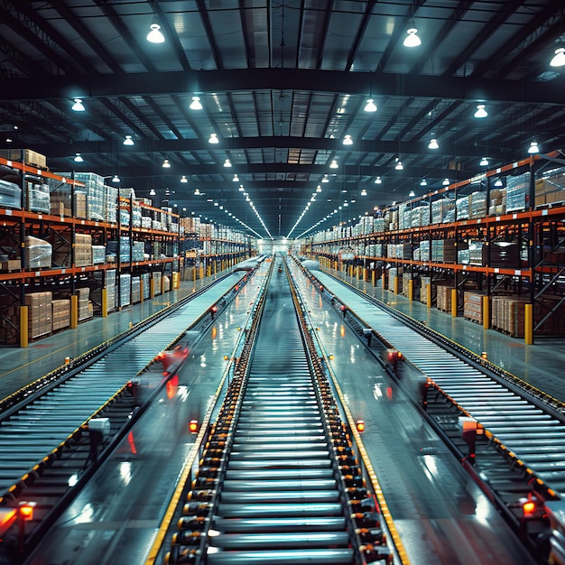 Warehouse interior with shelves pallets boxes and loader