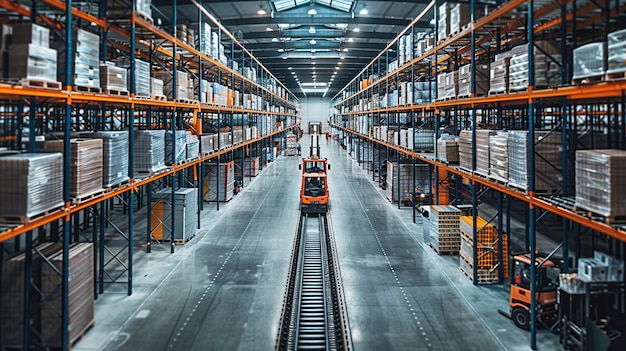 Warehouse interior with shelves pallets boxes and loader