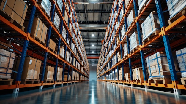 warehouse interior with tall metal shelving stacked with pallets of boxed goods