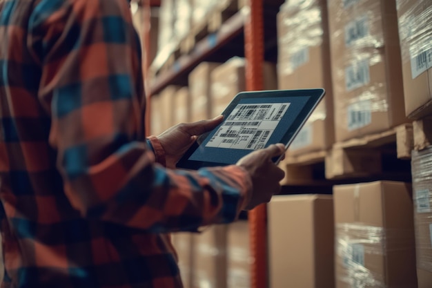 Photo warehouse inventory man scans barcode for logistics and package tracking in storage facility