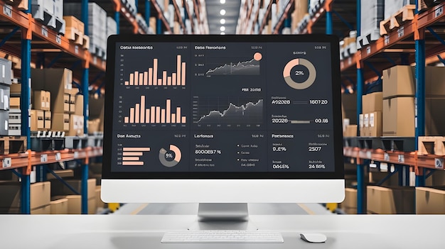 Photo warehouse inventory management system with charts and graphs on computer screen