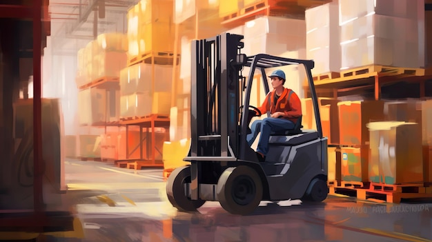 Warehouse man worker in uniform driving forklift truck stacking modern box boxes