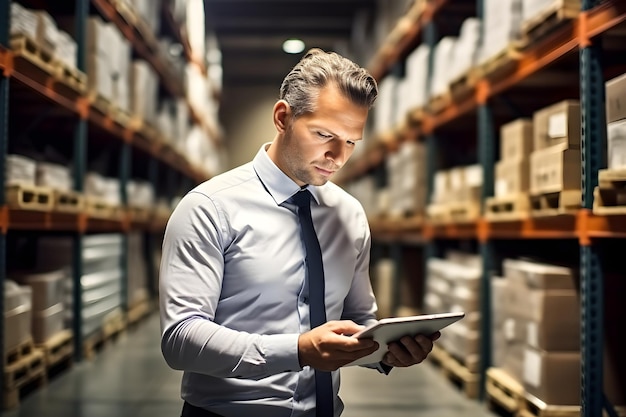 Warehouse Manager Checking Inventory on Tablet