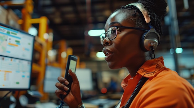 Warehouse Manager Communicating via Handheld Radio in Front of Screens