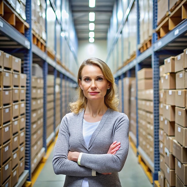 Photo warehouse manager in tgoods storage area woman in storekeeper uniform worker in a storage building