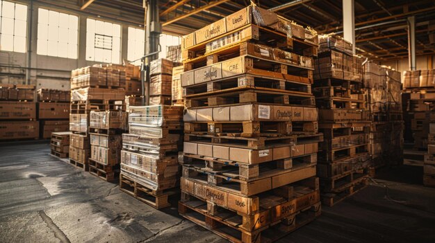 Photo warehouse pallets stacked boxes