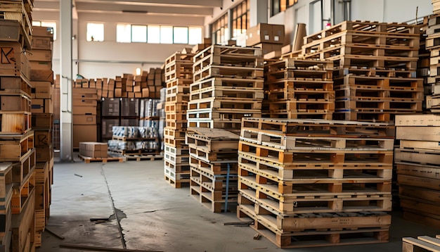 Warehouse Pallets Stacked High in a Factory