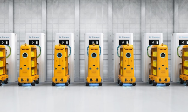 Warehouse robots charge with electric charging stations