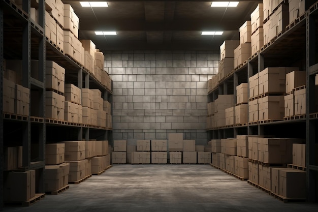 Warehouse Shelves and Cardboard Boxes Generative AI