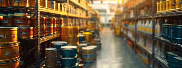 Photo warehouse shelves filled with industrial containers in warm lighting