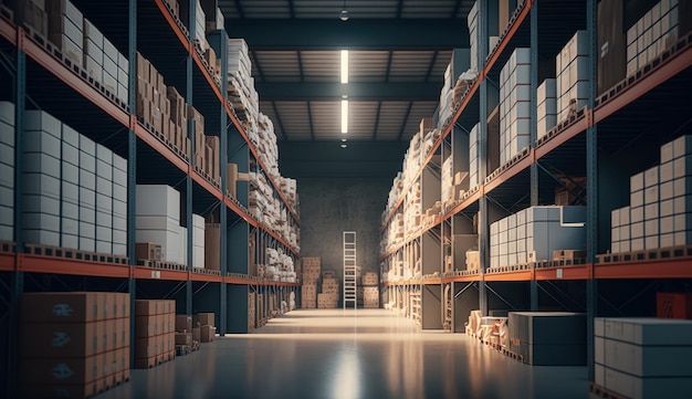 Warehouse storage in industrial for checking product and stock management factory Generative AI