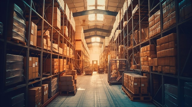 Warehouse or storage and shelves with cardboard boxes