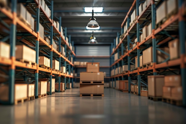 A Warehouse or storage and shelves with cardboard