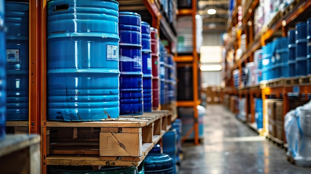 Photo warehouse storage with plastic chemical barrels on pallets