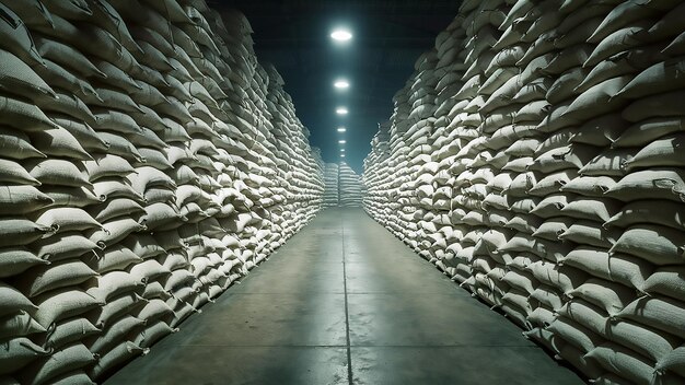 a warehouse with bags of flour and a light on the ceiling